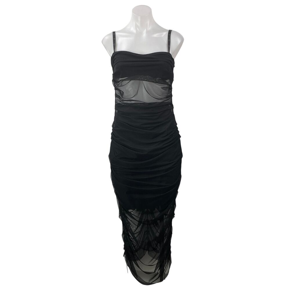 Nostra Santissima Black Sleeveless Mesh Cami Sheer Ruched Midi Bodycon Dress 4